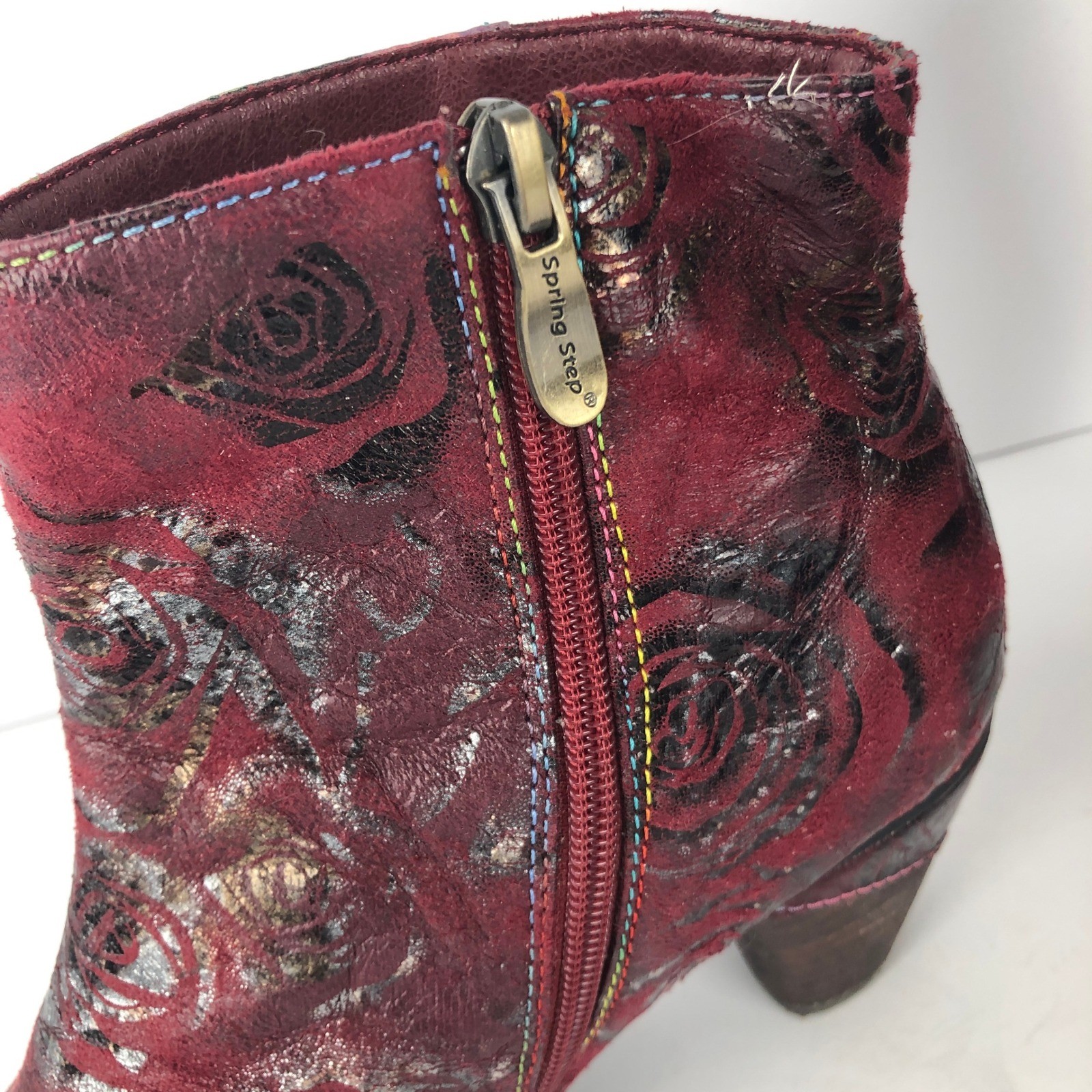 L’Artiste Spring Step Waterlily Floral Leather Ankle Boots Sz 39 Red Metallic