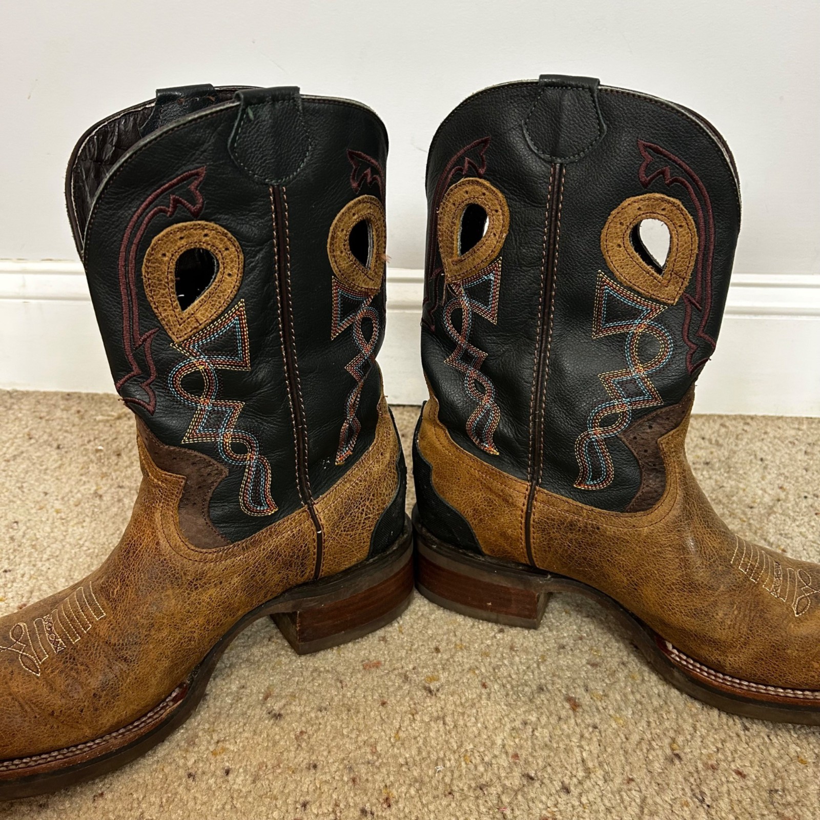 JB Dillon Western Boots Leather Pull On Decorative Stitching Square Toe Size 12D