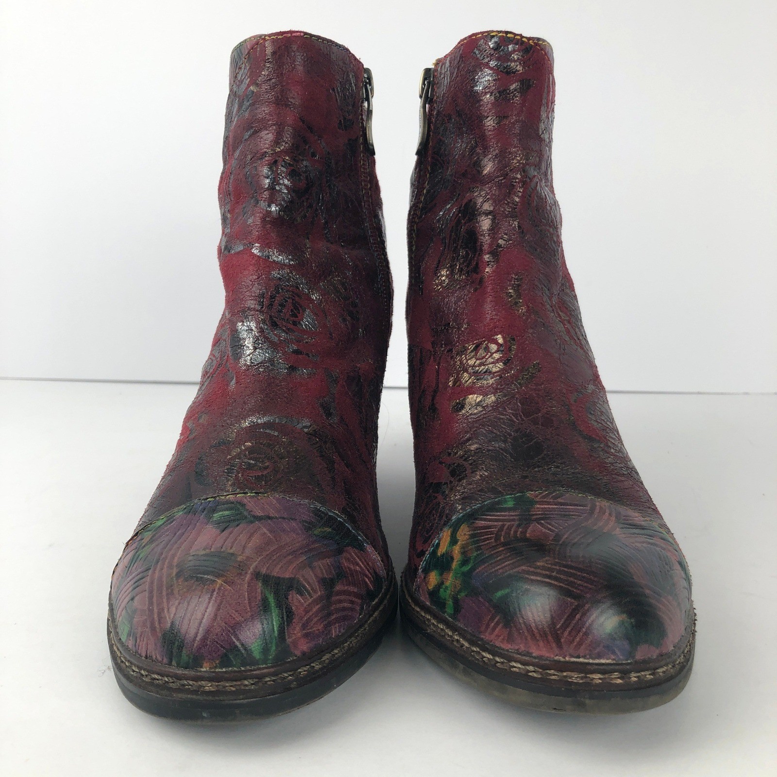 L’Artiste Spring Step Waterlily Floral Leather Ankle Boots Sz 39 Red Metallic