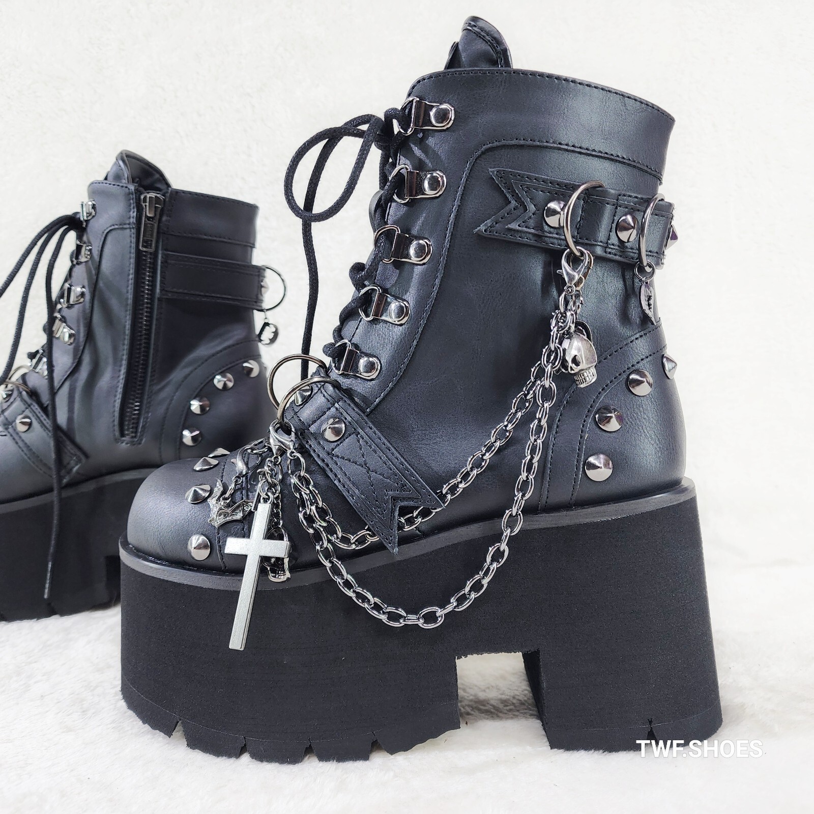 Ashes 3.5″ Platform Goth Punk Boots Chain Charms Demonia 52