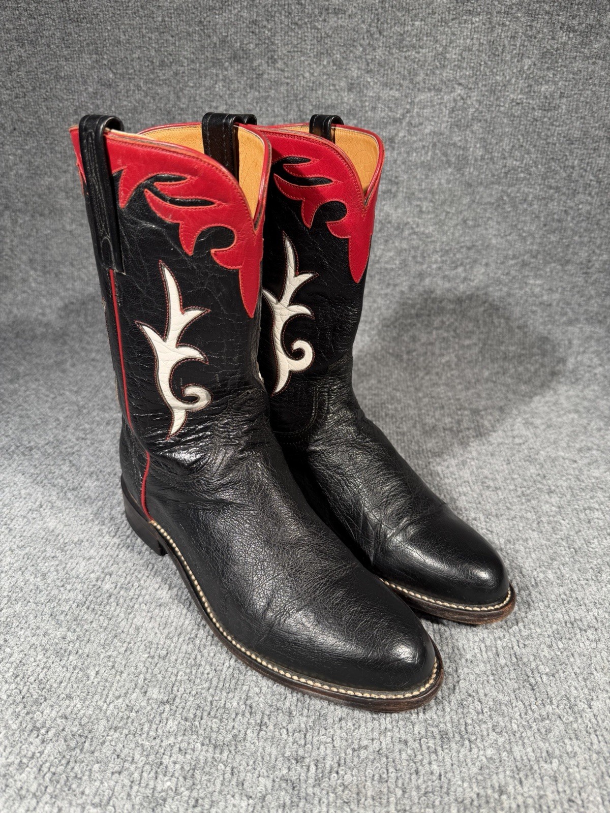 Lucchese Black W/White Red Inlays Smooth Ostrich Belly Western Boots Women’s 9 B