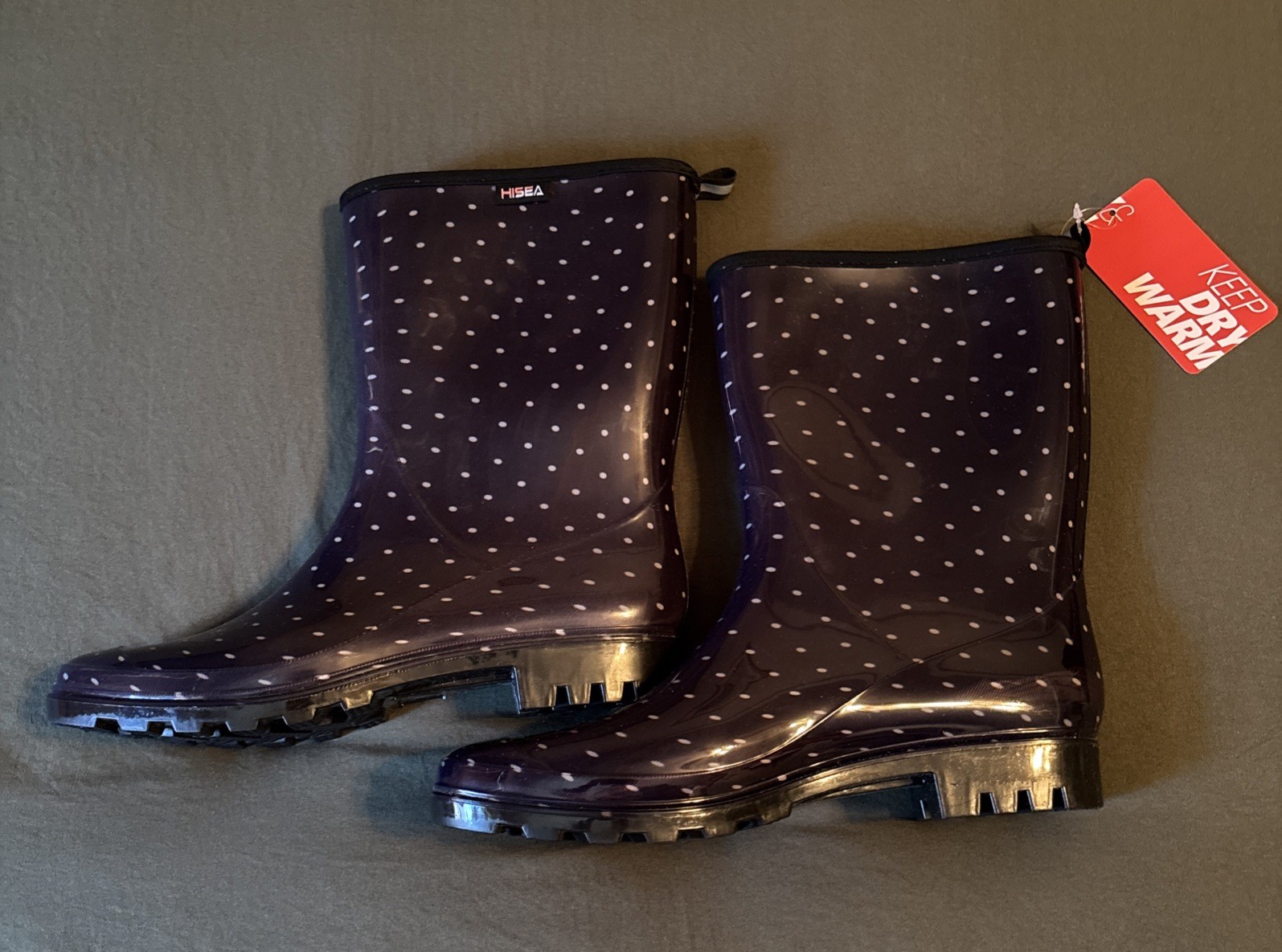 HISEA Women’s Rubber Rain Boots Mid-Calf Waterproof Polka Dot Boots. NWT . Sz 11
