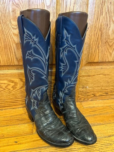 VINTAGE WOMENS 80s Larry Mahan Cowboy Boots Blue & Black Snake Skin Westen 7.5 B