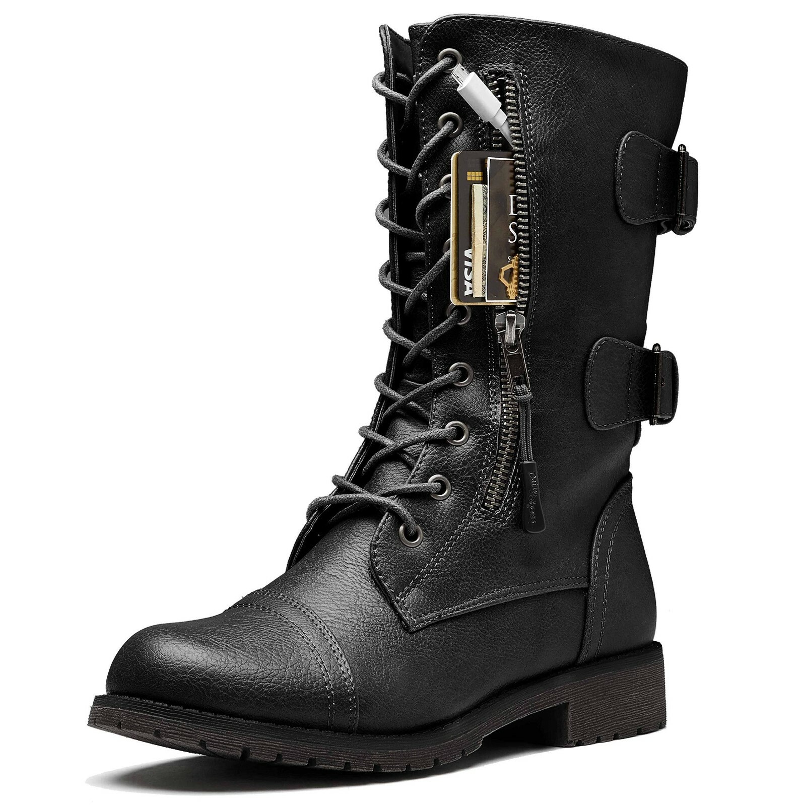 with box DailyShoes Womens Military Lace Up Buckle Combat Mid Knee High G1N