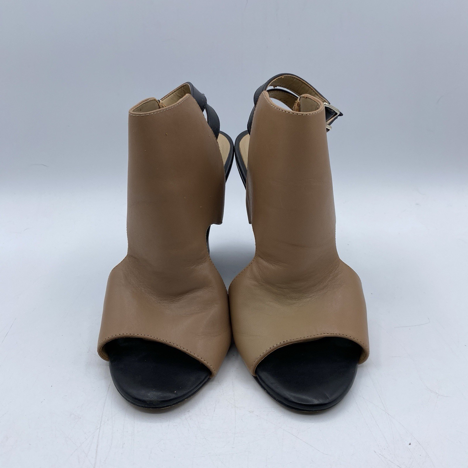 Ann Taylor Colorblock Leather Peep Toe Booties Camel Black Women Size 6.5M EUC