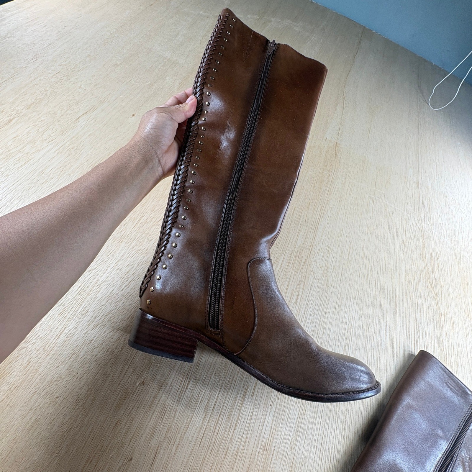 Antonio Melani Womens Brown Leather Tall Riding Boots Braided Studded Size 5.5M