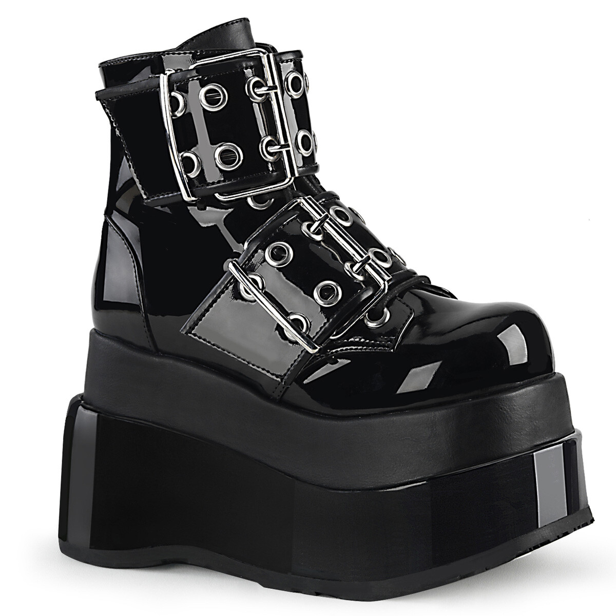 DEMONIA BEAR-104 Womens Tiered Platform Black Grommet Buckle Straps Ankle Boots