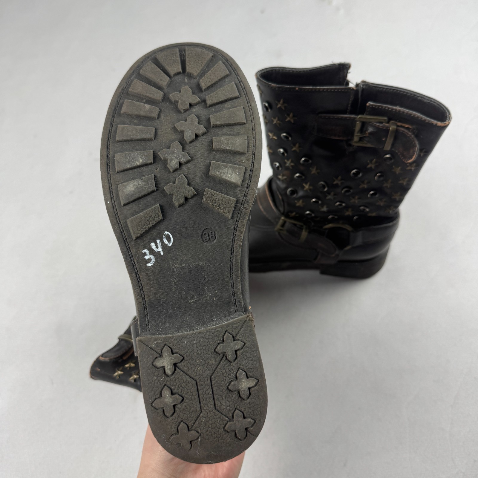 Y2K Studded Biker Boots Brown Leather Punk Gothic Moto Buckle Mid Calf Shoes