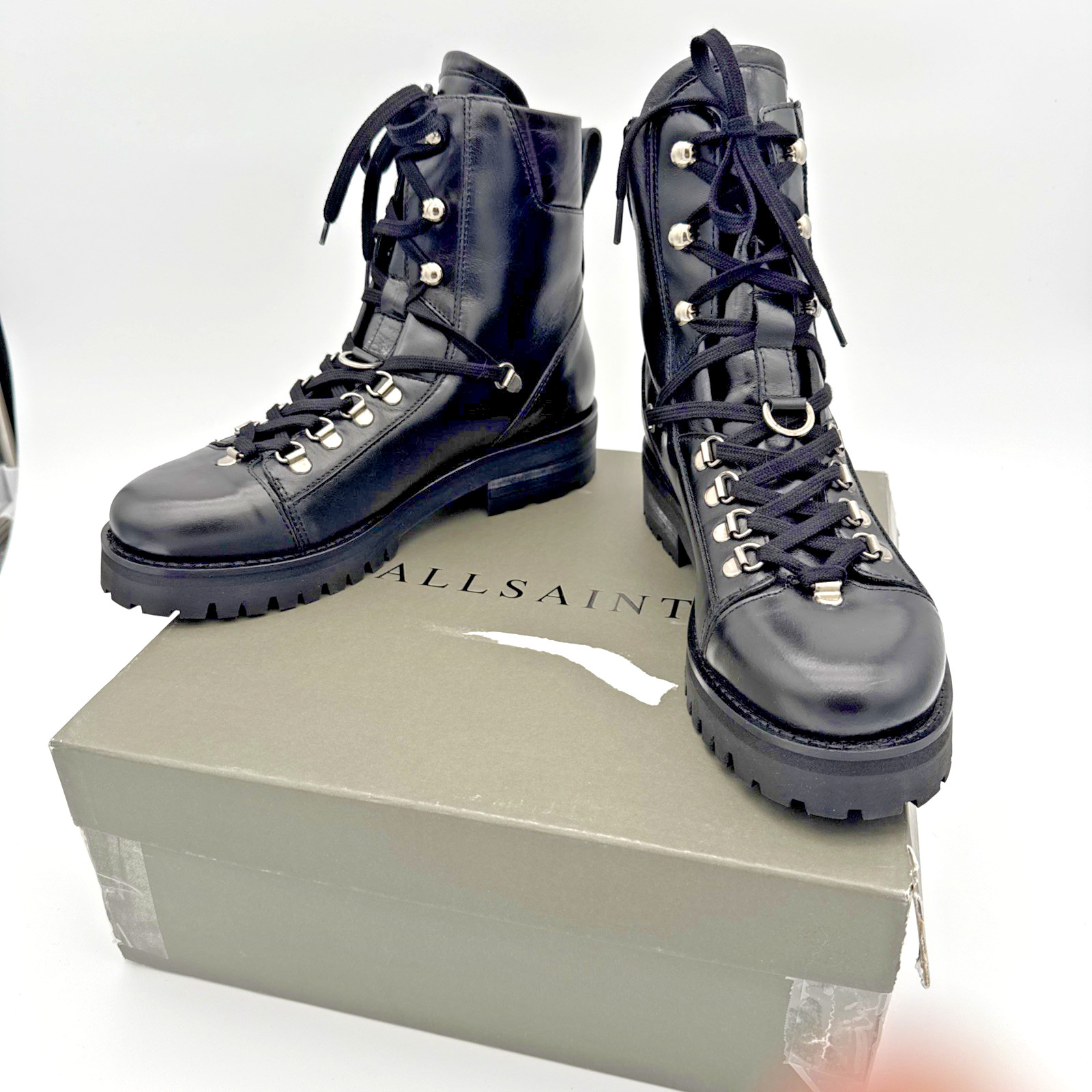 ALLSAINTS Franka Boot Women’s Black Leather Combat Hiker US 8 EU 39M UK 6 NIB