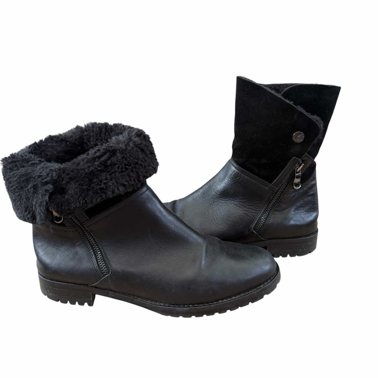 Fabianelli Black Leather Suede Faux Fur Boots Italy Womens 41 US 10 Moto Biker