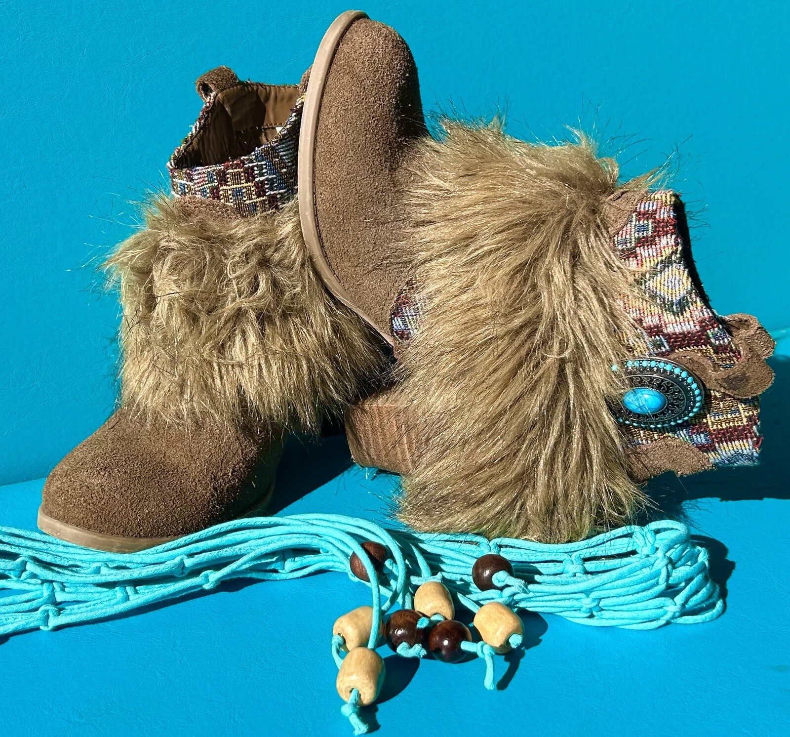 Upcycled Gypsy Boho Faux Fur Boots Size 6 Plus Macrame Beaded Hippie Belt