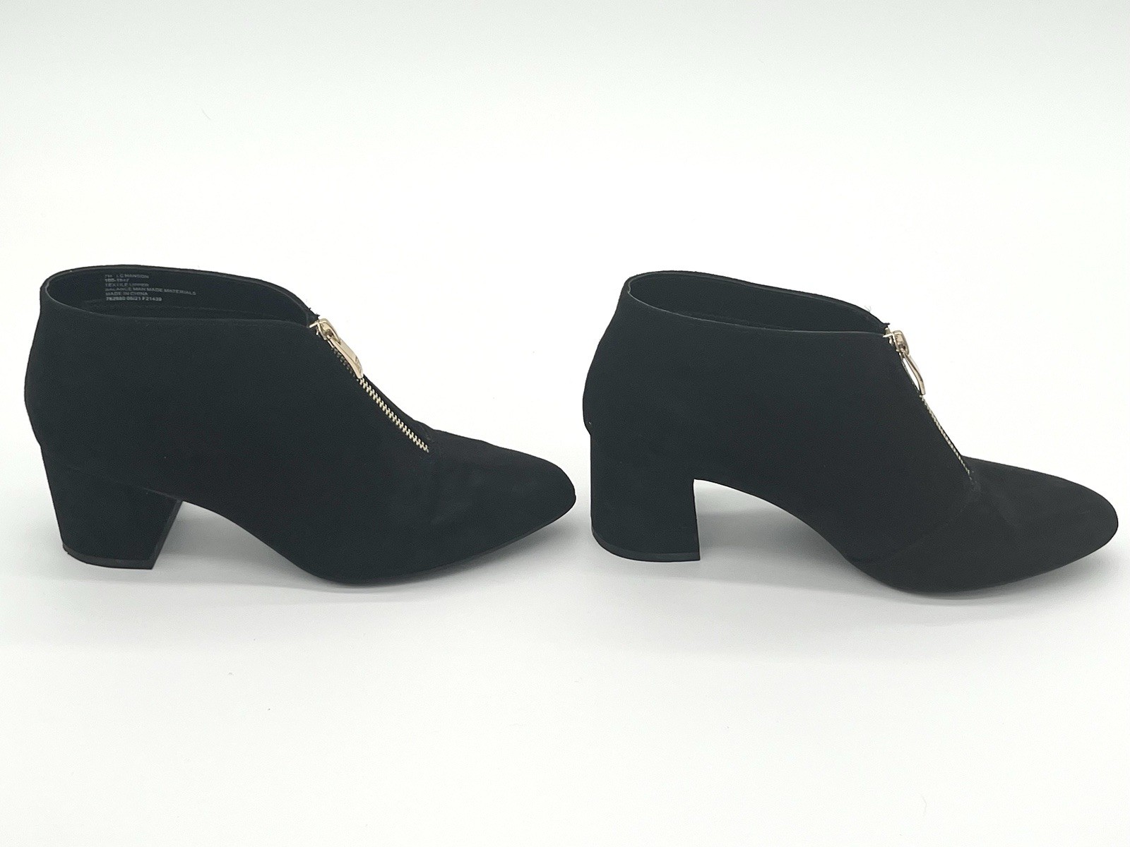 Liz Claiborne Hanson Black Suede Ankle Boots 7M Gold Zip Block Heel Pointed Toe