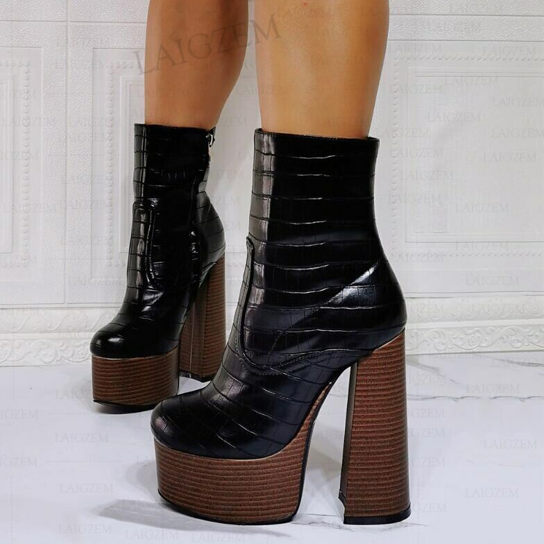 Women Ankle Boots Round Toe Platform Zip Up Chunky High Heels Short Boots Ladies