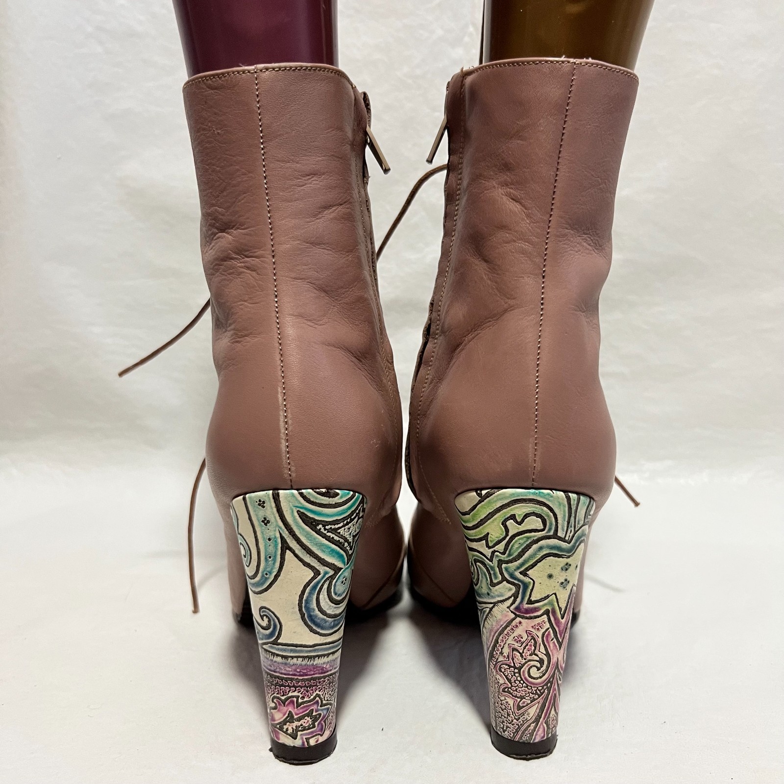 High heel boots 38 7.5 womens dusty pink leather paisley lace zip up blush
