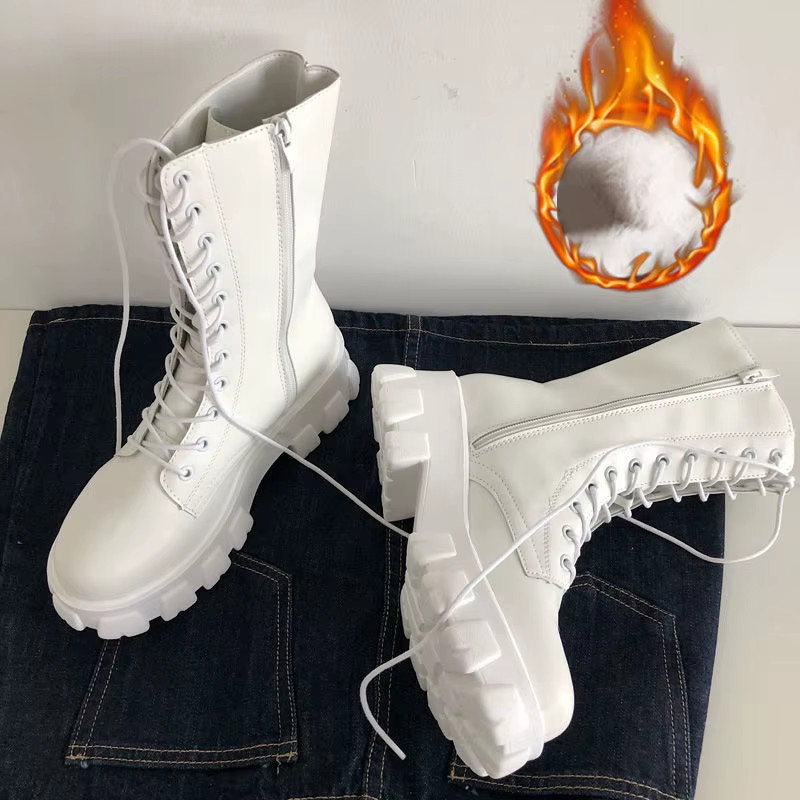 New Mid Calf Boots Women Autumn Winter Fashion Lace-Up Ladies Chelsea Zipper Bot