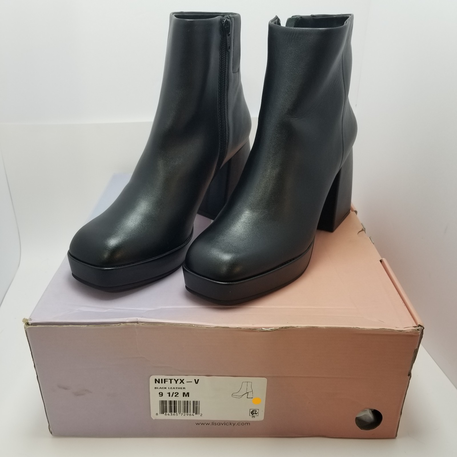 Lisa Vicky Boots Womens 9.5 Black Leather Platform Ankle Booties Block Heel Zip