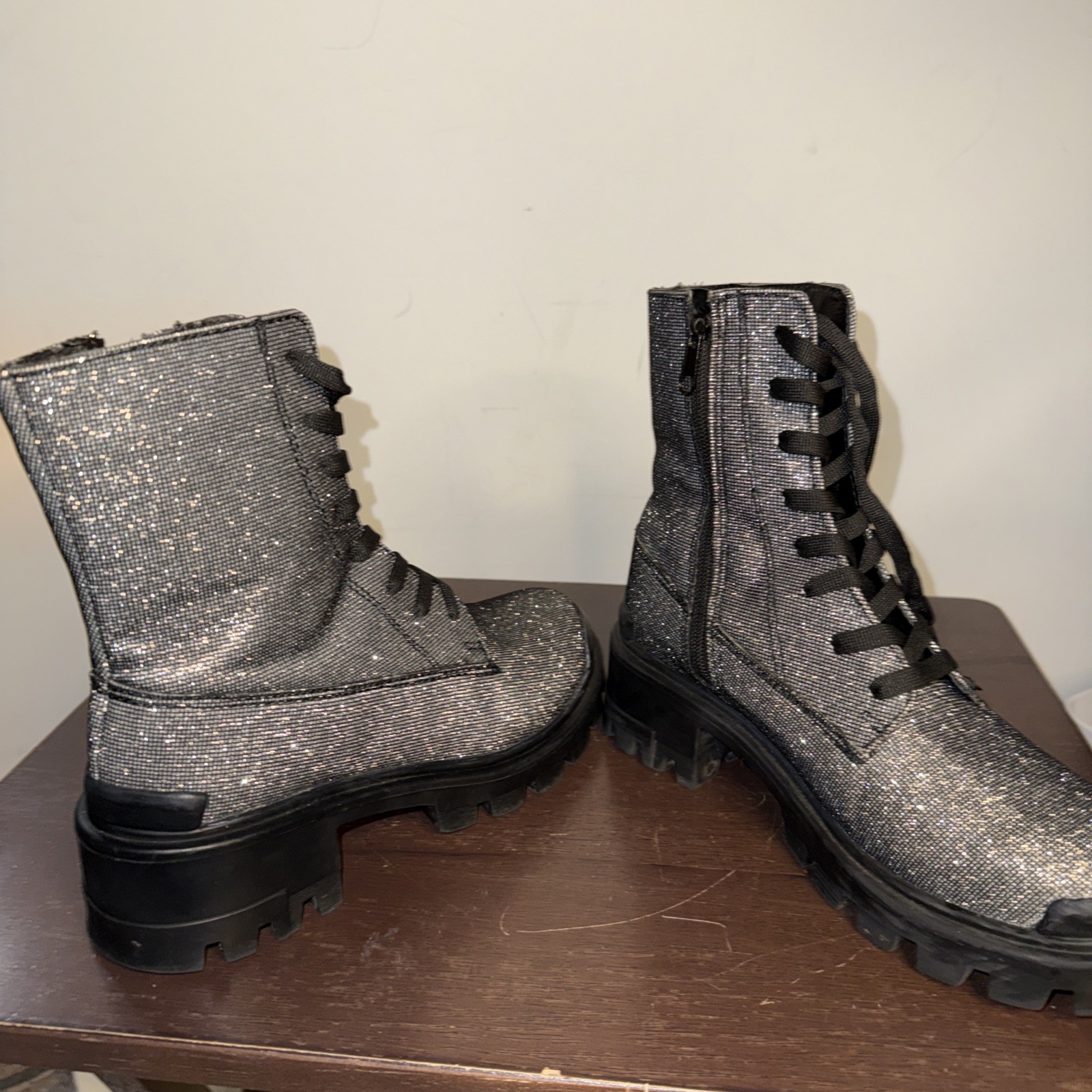 Erez Silver Glitter Combat Boots 5.5 Women’s Sparkly Ankle Bootie Festival Shoes
