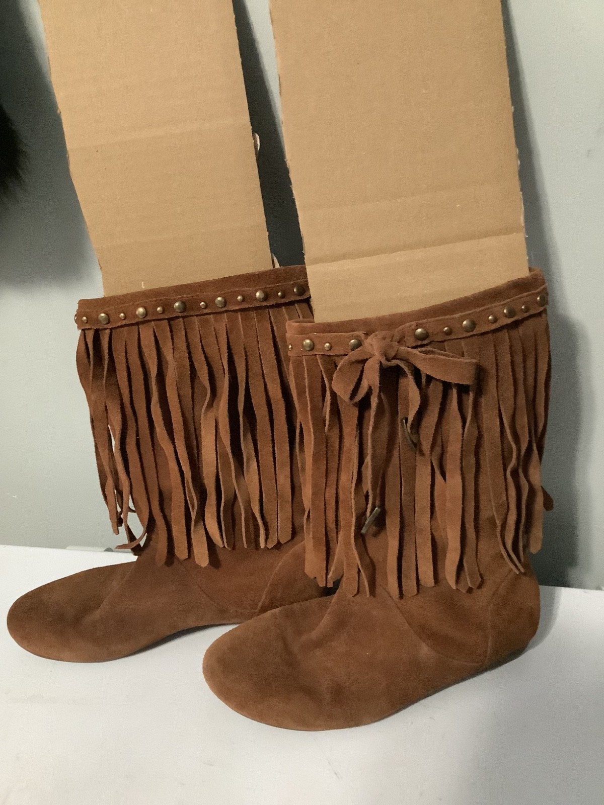 Aldo Women Genuine Leather Suede Stud Fringes Moccasin Booties Boots 7.5