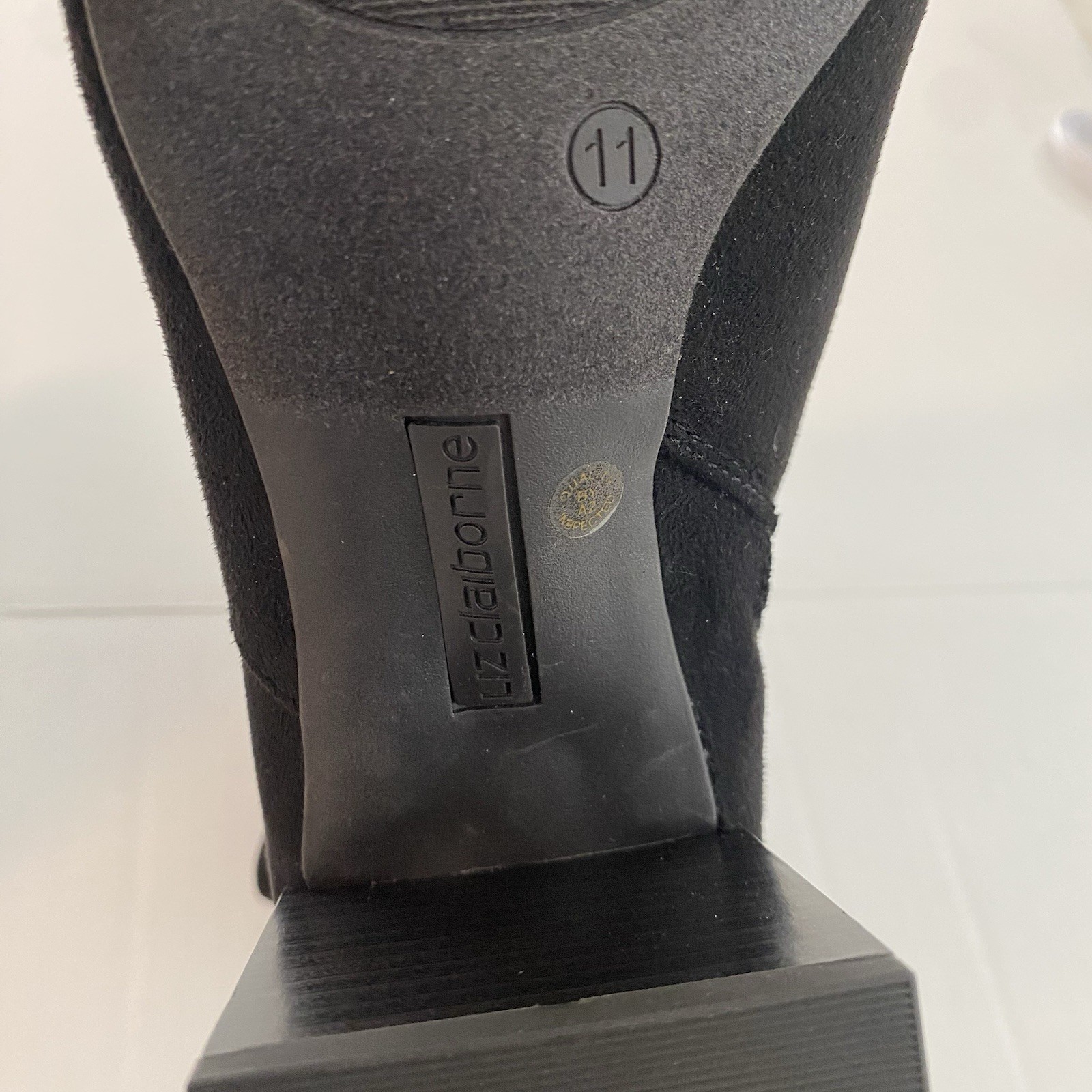 Liz Claiborne Memory Foam Boots Women 11M Black Suede Gold Accents Block Heel