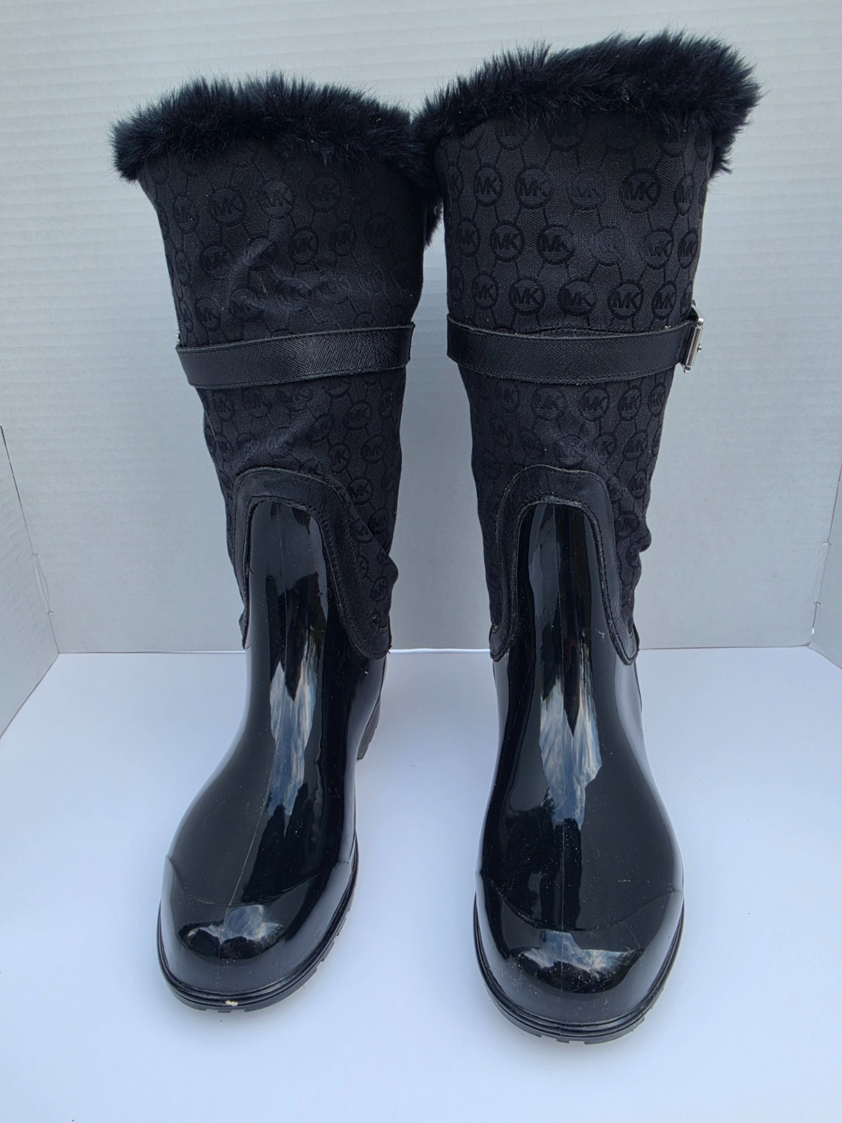 Michael Kors Black Rain Boots Fur Trim MK Logo Buckle Women’s Size 10
