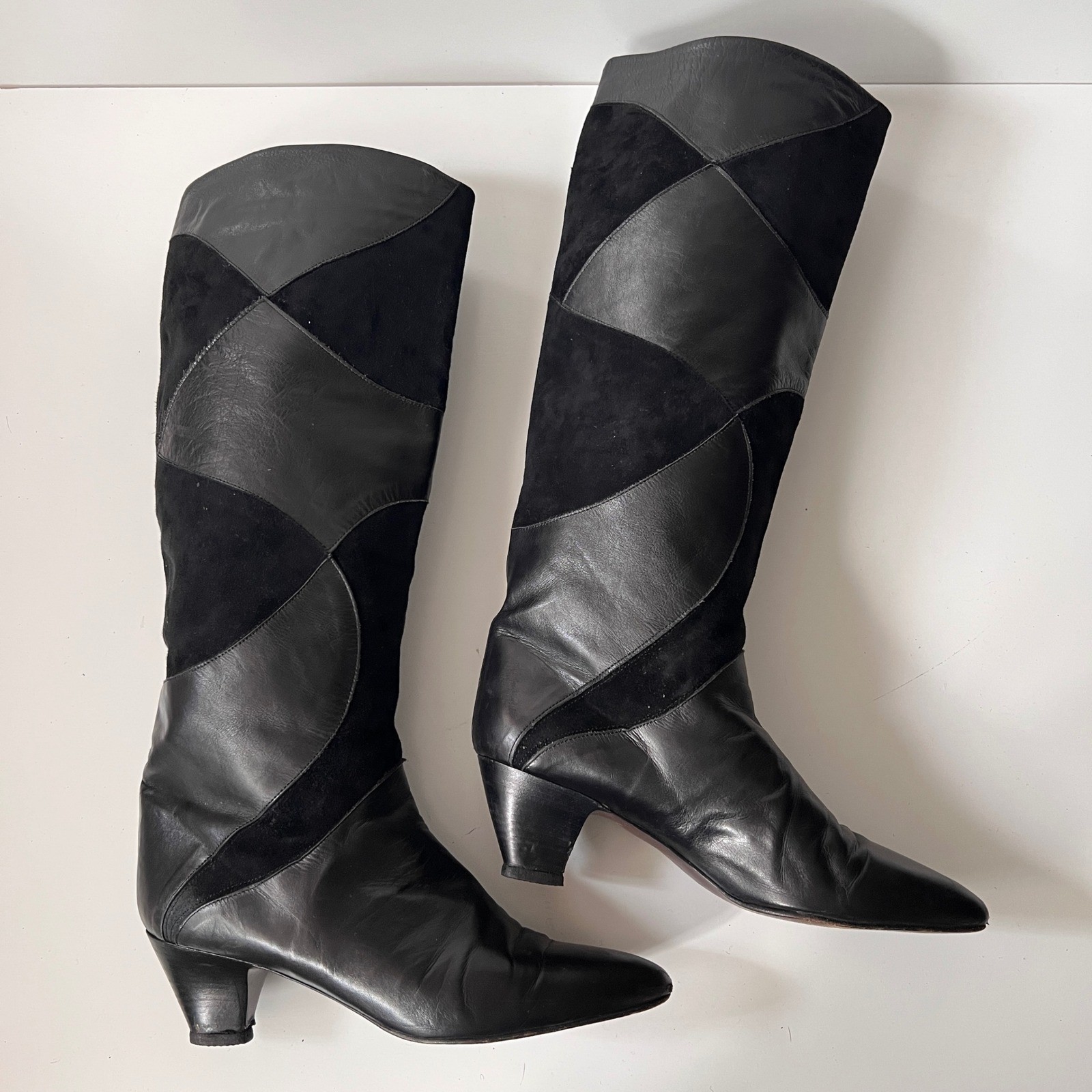 Vintage Charles David Boots 10 Black Leather Suede Patchwork Low Heel Knee High