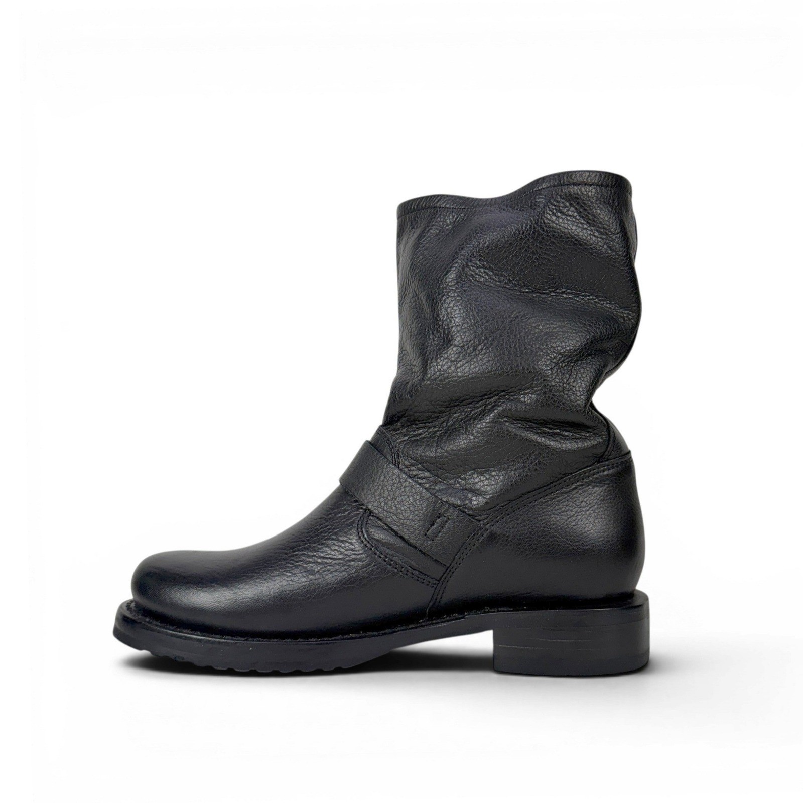 Frye Veronica Short Black Leather Moto Boots Women 8 B Slouch Shaft Buckles