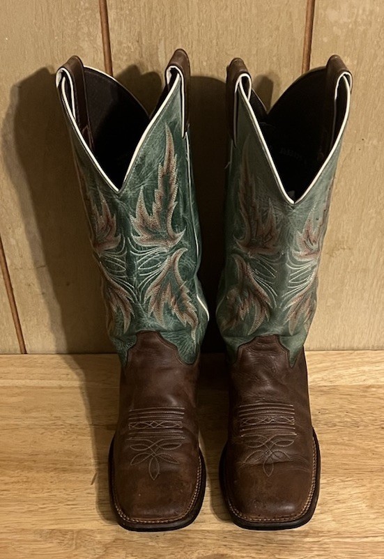 Justin BRL335 Green Brown Leather Square Toe Western Cowboy Boots Womens 6 1/2 C