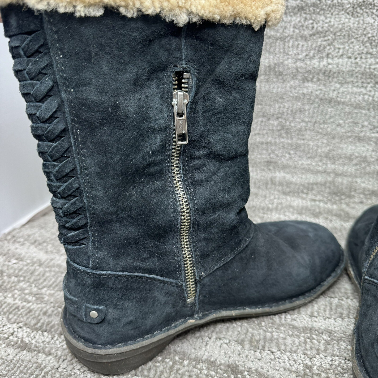 UGG Karyn Black Suede Sheepskin Boots US 7 Shearling Fur Cuff 1005449