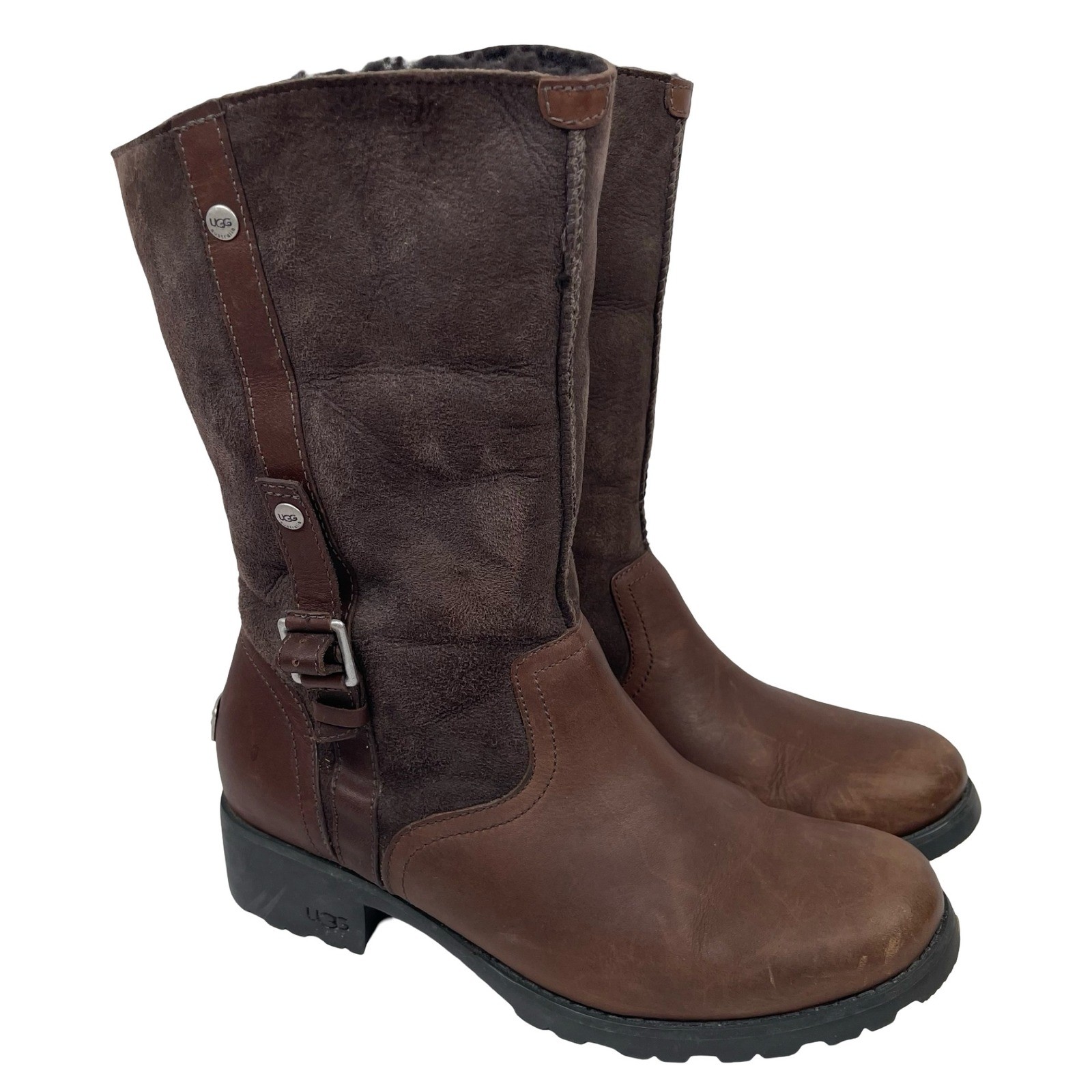 UGG Australia Bellevue Moto Boots Women 9.5 Brown Leather Suede Shearling Biker