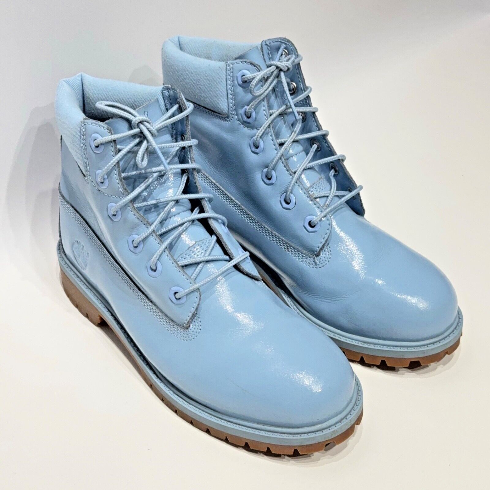 Timberland Light Blue Patent Leather Combat Boots ~ Women Size 8.5 (6.5 Girls)