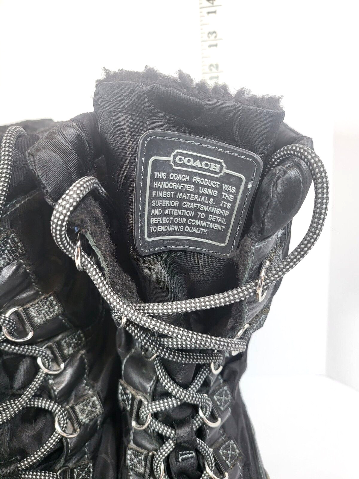 Coach Women’s Black Winter Snow Boots 7.5 Shaine Lined Nylon Leather Logo
