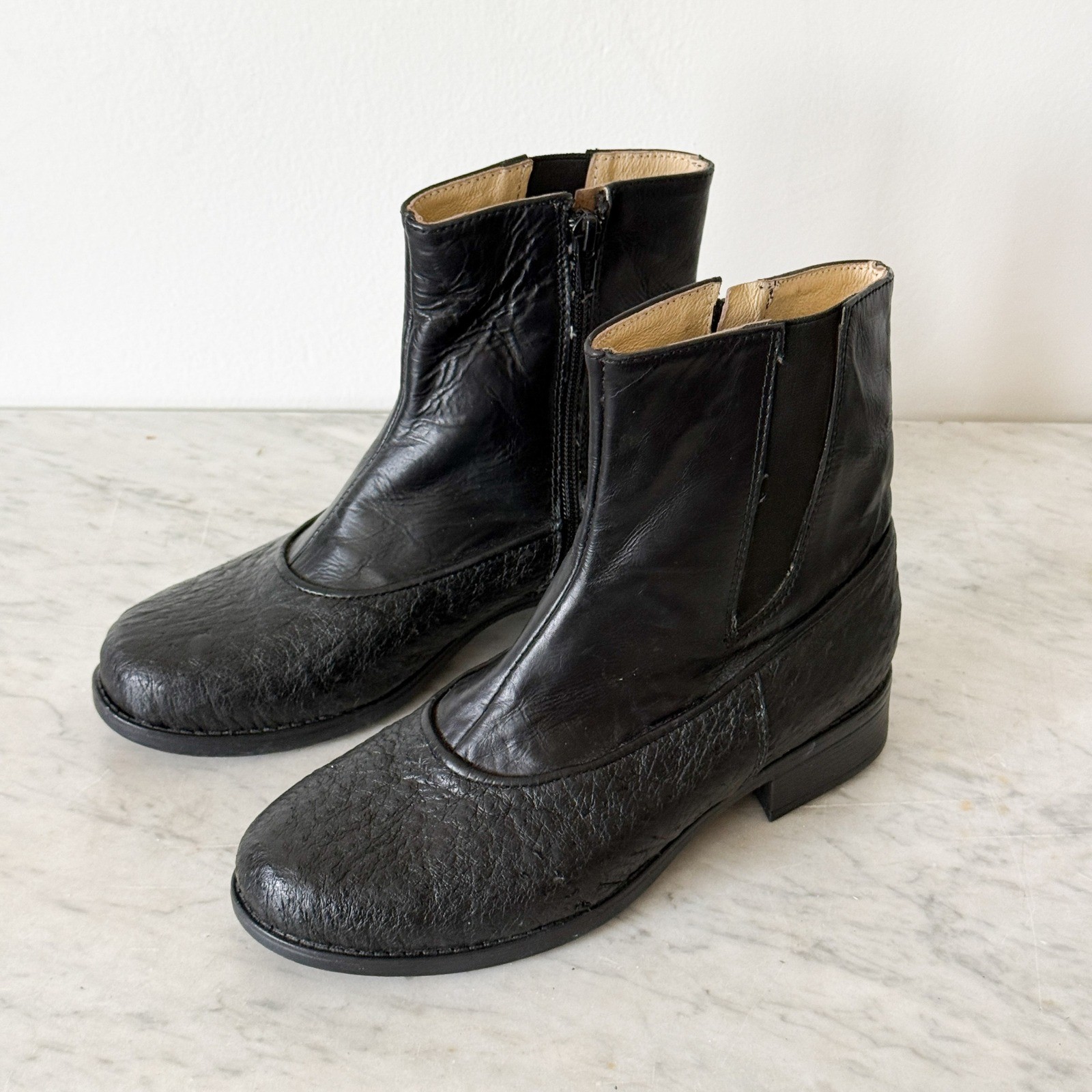 Zara Basic Black Faux Leather Ankle Boots Low Heel Round Toe Womens Size 7.5