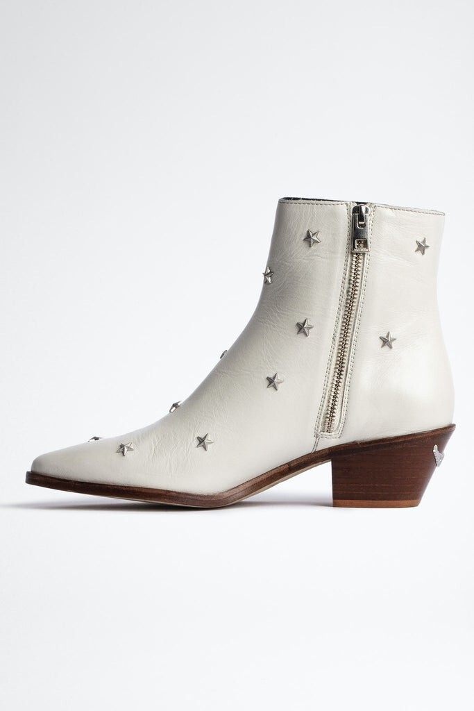 Zadig & Voltaire Tyler Vintage Stars Flash Ankle Boots White Leather Sz 36, New!