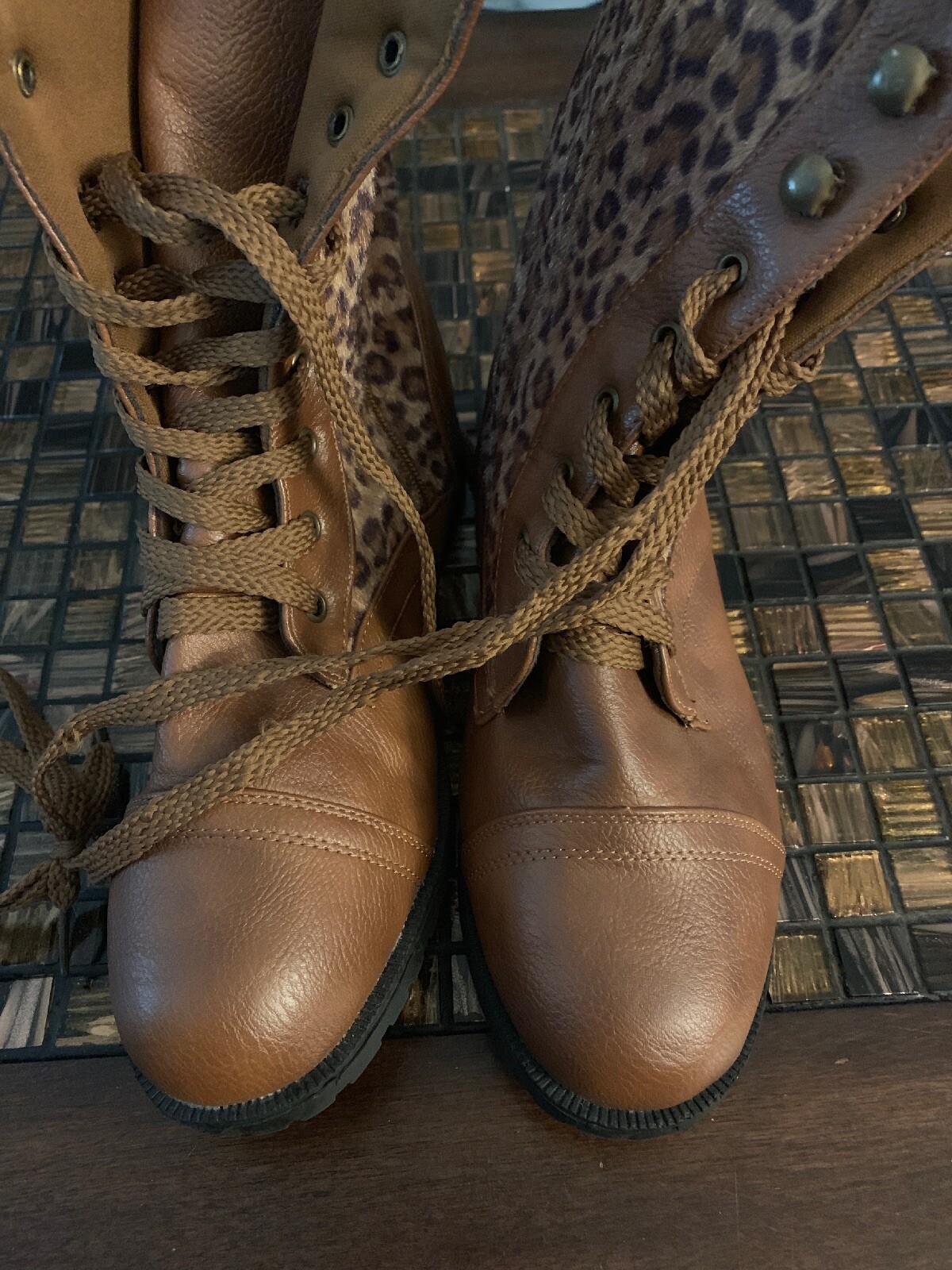 Karyn’s Collection Women Size 7 Animal Print Side Zip And Lace Up Boots Brown