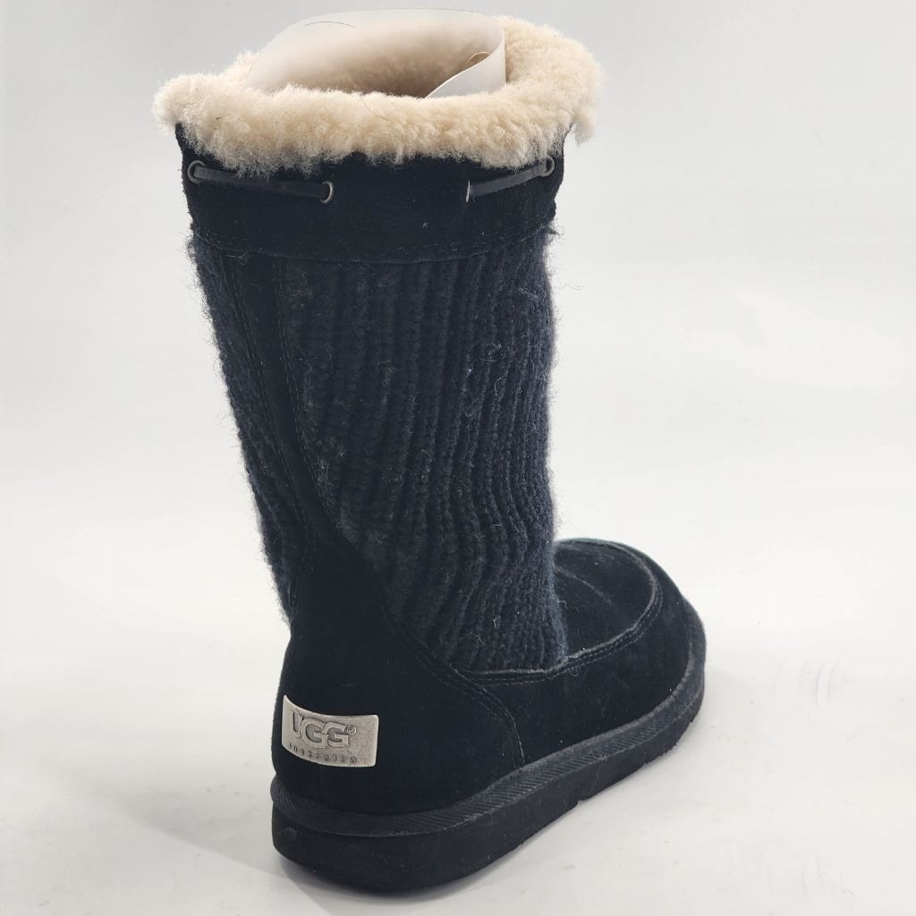 UGG Suburb Crochet Knit Black Suede Winter Boots with Shearling Trim Size 6