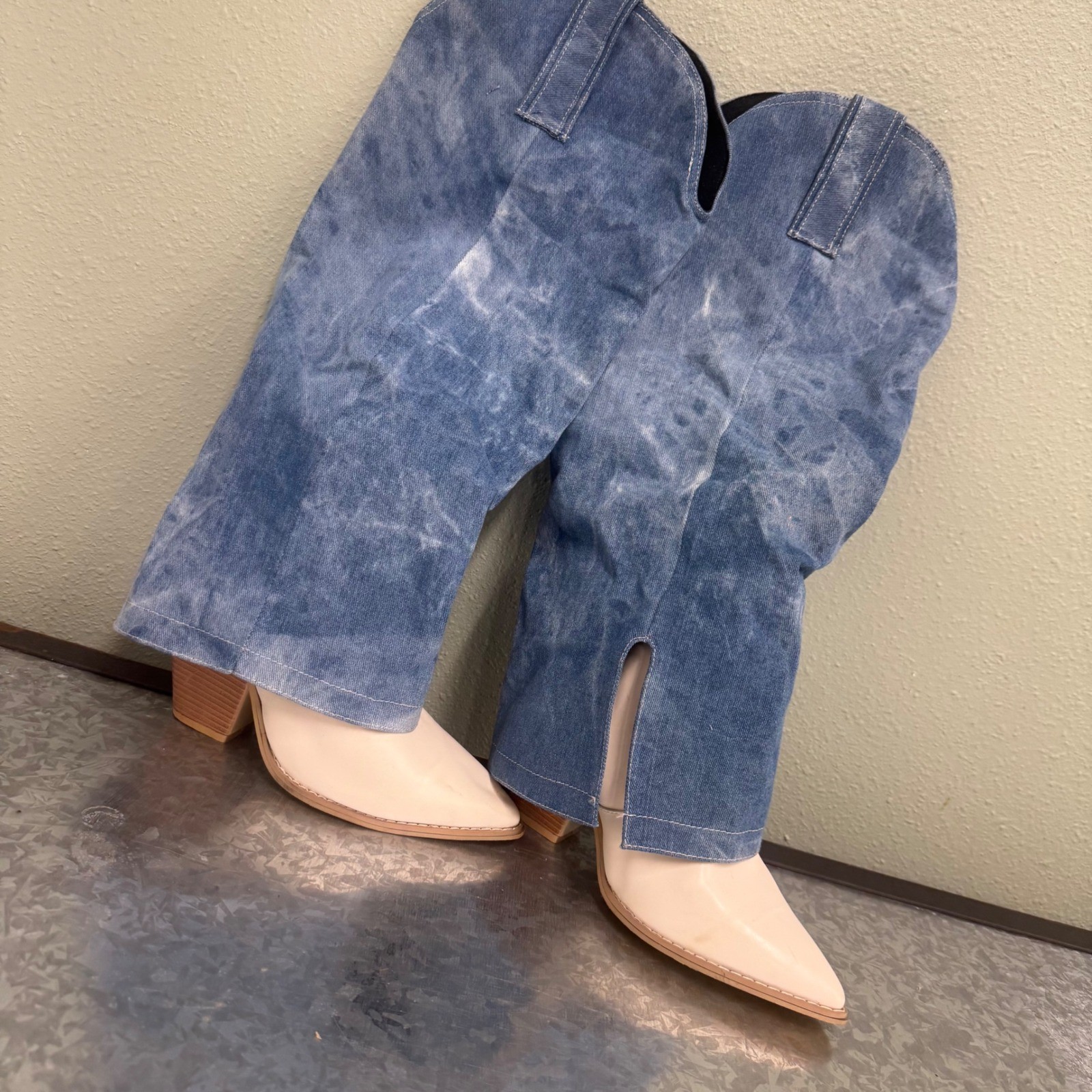 Unbranded Denim Overlay Western Boots Women 42 Blue Cream Excellent Slouchy Tall