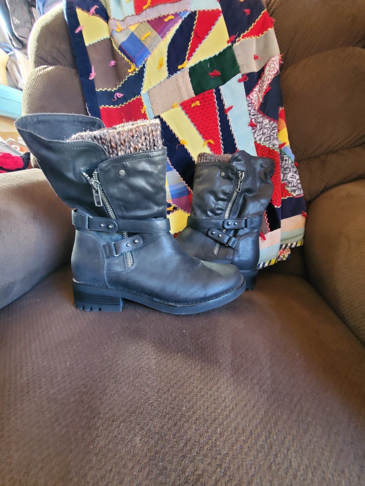 Torrid Women’s Mid Calf Boots Black Faux Leather Knit Cuff Moto Size 11W Wide