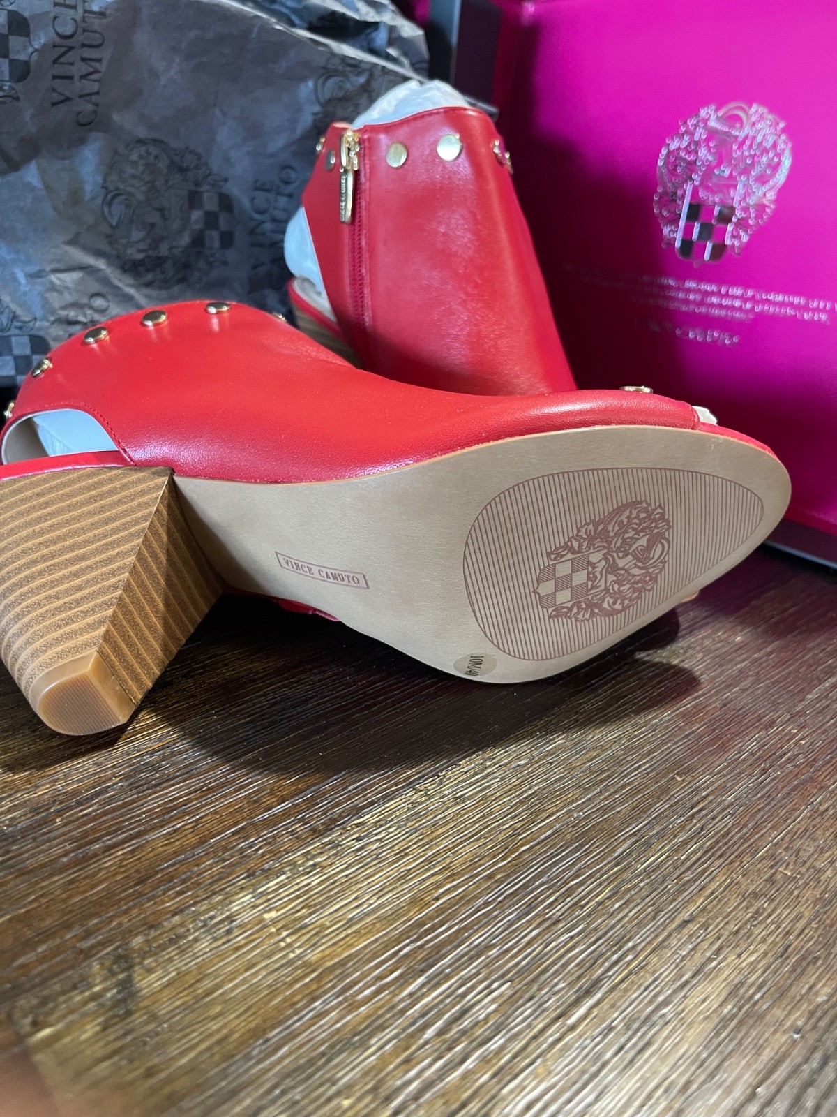 Vince Camuto Red Leather Studded Block Heel Ankle Bootie Size 10US