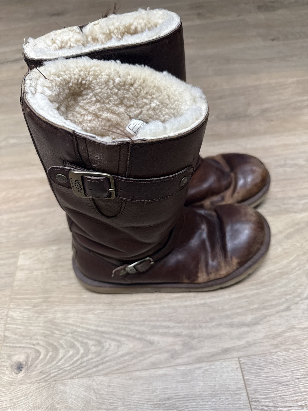 Ugg Australia Brown Leather Shearling Lined Buckle Boots Women’s US 8 Mid Calf