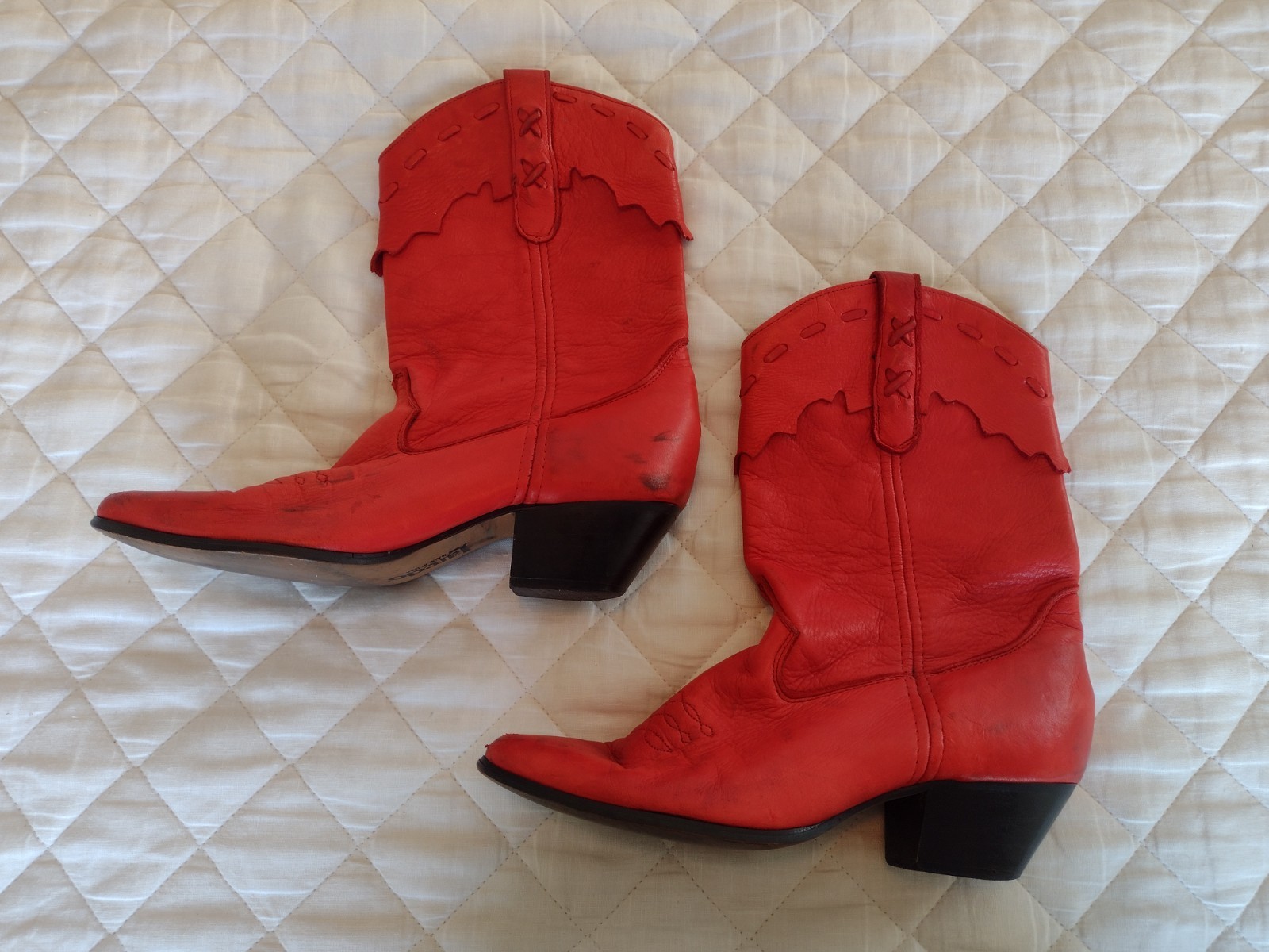Vtg Red Laredo Leather Cowboy Boots Decorative Top Sz 9.5 Worn Line Dancing
