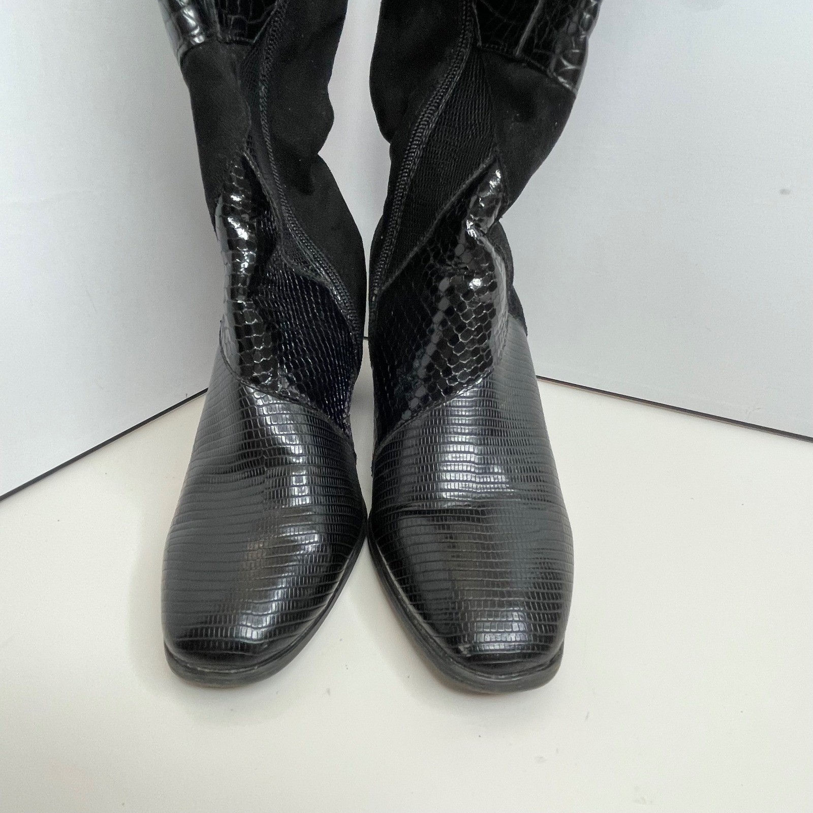 Amelia Grace Venus Black Patchwork Tall Boots Croc Lizard Embossed 6M 4668935