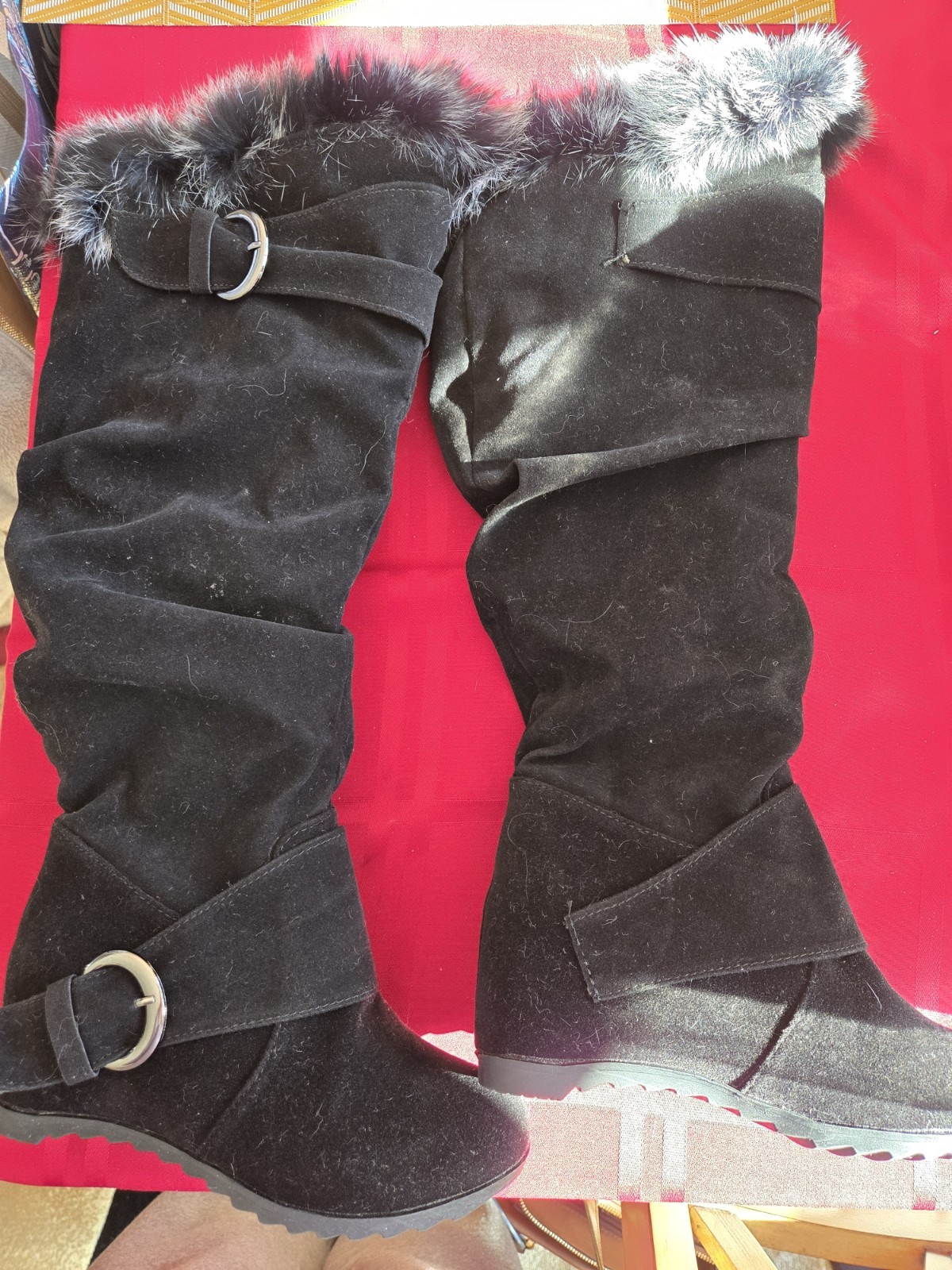 Black Faux Suede, Knee High Boots. Fur Trim, Buckle, Lined, Round Toe