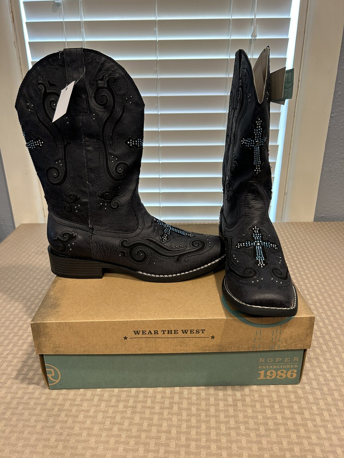 Roper Boots Ladies Black Faux Leather Blue Crystal Cross Faith Cowgirl NIB
