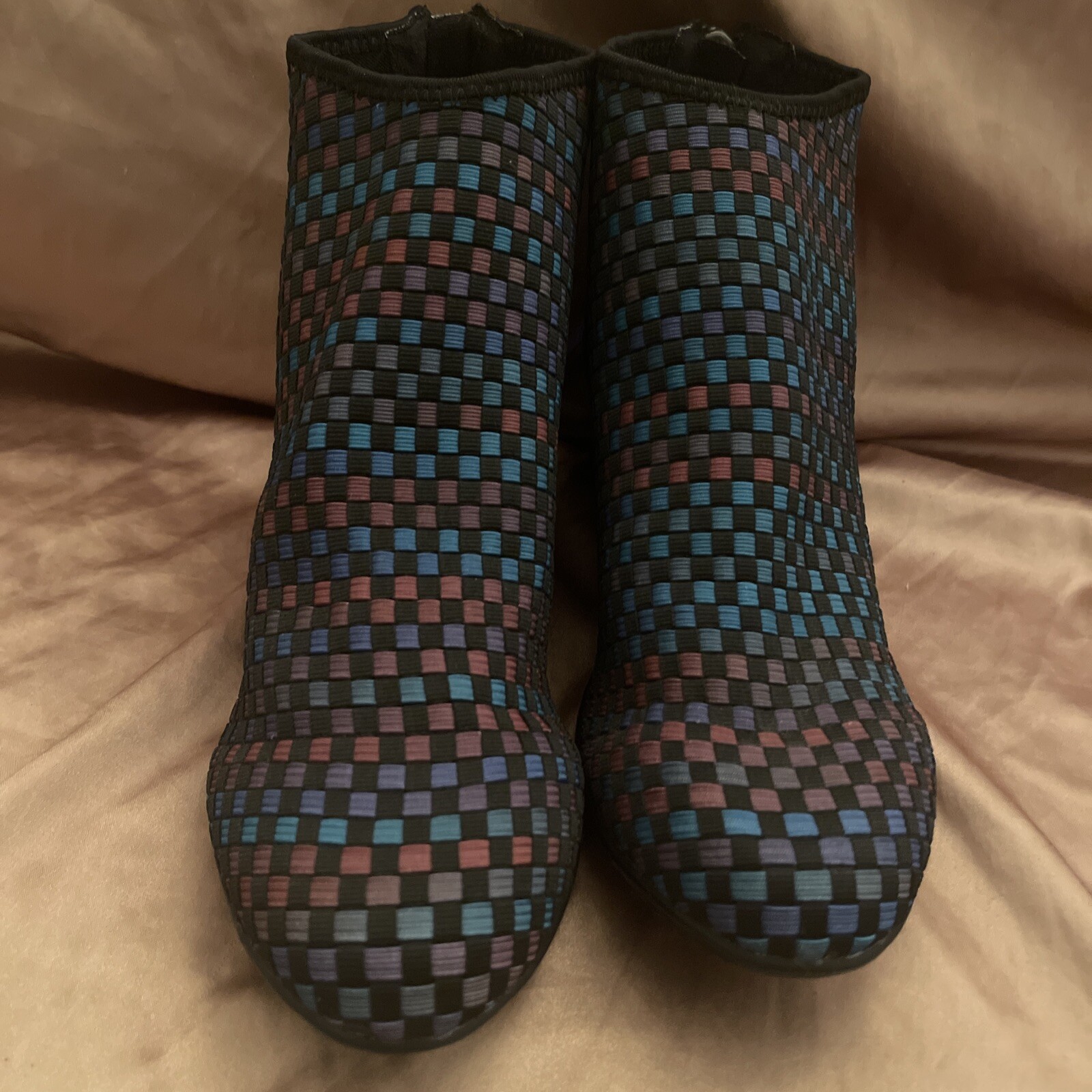 Zee Alexis black, blue & red geometric print closed toe heeled back zip boots