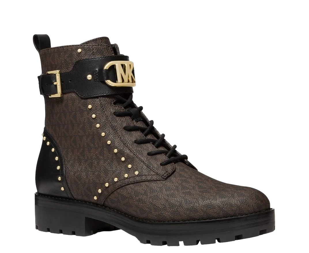 MICHAEL KORS KINCAID ICONIC MK PRINT PVC Studs COMBAT BIKER BOOTS 9 I LOVE SHOES