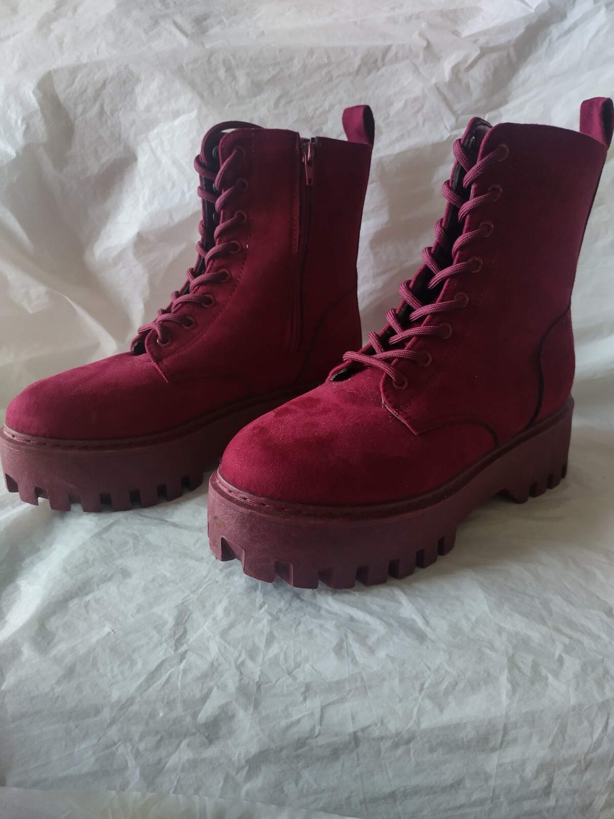 Rouge Broadway Helium Boots Burgundy Combat Zip Lace Ankle Lift 9 Faux Suede