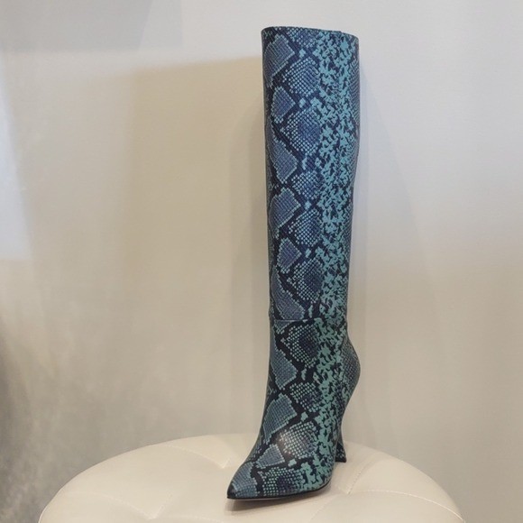 Gianni Bini Knee High Heel Boots Leather Snakeskin Blue Black Side Zip Sexy 7