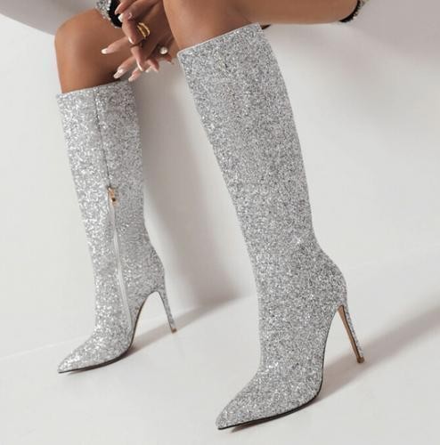 Women’s Glitter Zip High Heels Pointed Toe Knee High Boots Occident Party Shoes