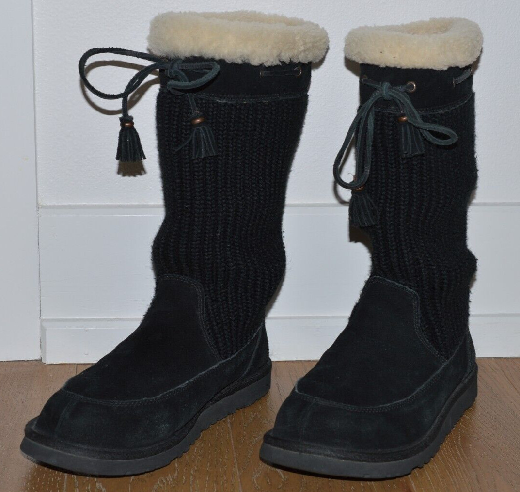 UGG Suburb Crochet Women Sz 6 Black Knit Suede Sweater Winter Lined Boots