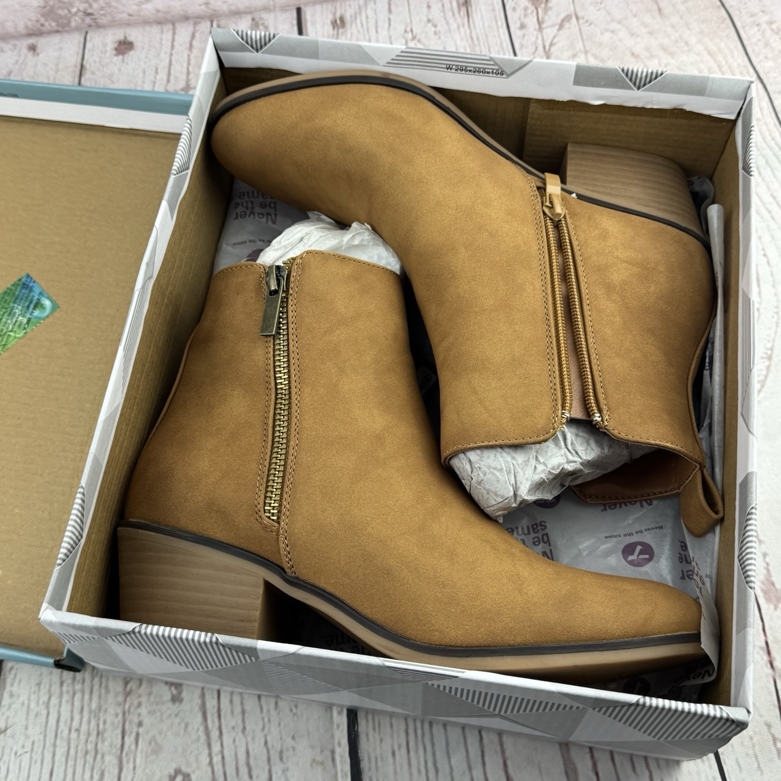 Women Ankle Boots Side Zipper Low Heel Dress Booties Tan Nubuck 8 US